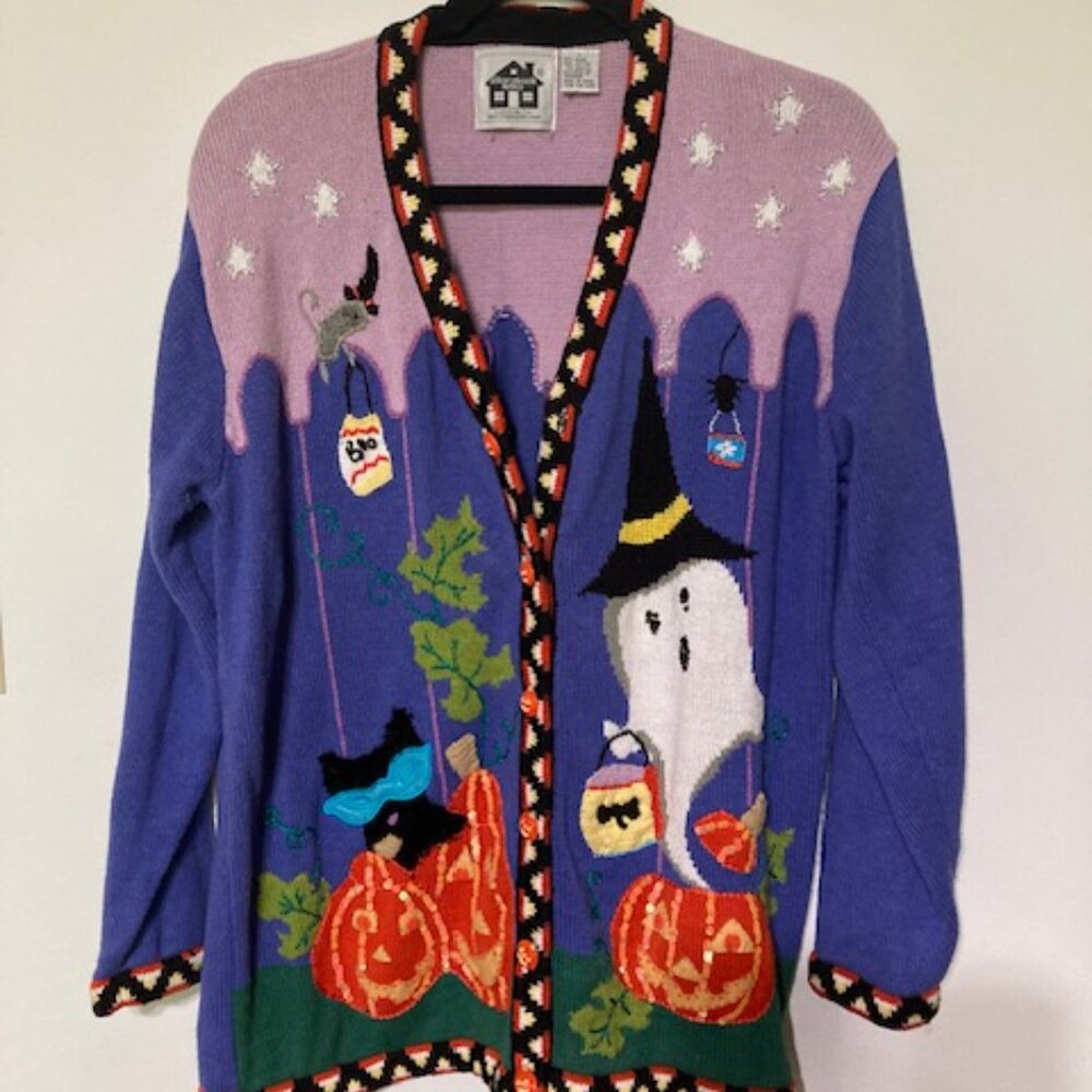 Vintage Storybook Knits Halloween "Boo Night" Cardigan Sweater, Size L